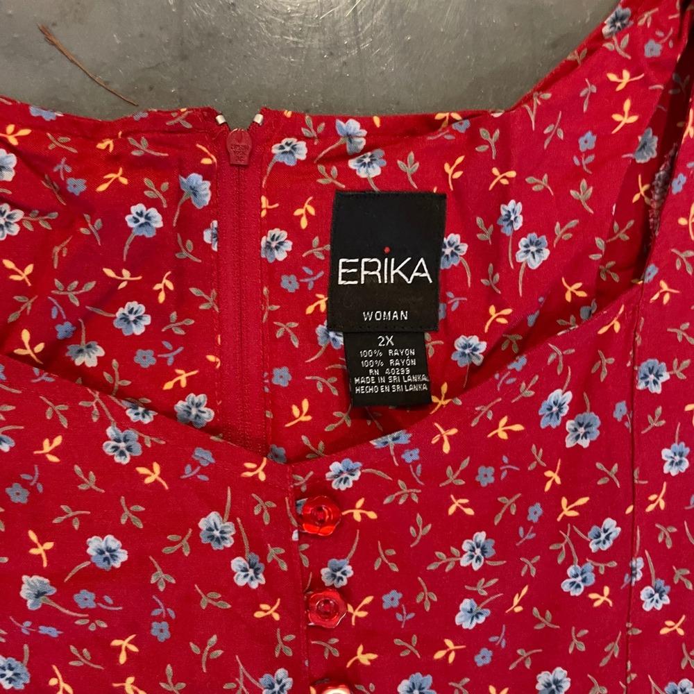 Erika Woman Red Floral Midi Dress Cottagecore 2X Pockets Prairie Plus Size - Picture 3 of 10